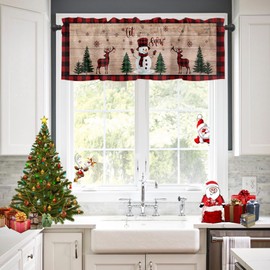Tokusyou Christmas Net Curtain Decorative Christmas Curtain Red Curtain The Snowman Christmas Tree Deer Pattern Opaque Bistro Curtains for Kitchen Living Room W 137 × H 45 cm