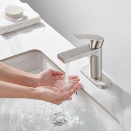 Aktines Bathroom Faucet 1 Hole, Single Handle Stainless Steel Bathroom Vanity Sink Faucet with Deck Plate & Metal Pop-Up Drain & Water Supply Lines, Brushed Finish