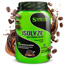 Species Nutrition Isolyze Whey Protein Powder, 100% Whey Isolate for Muscle Building, 27.5g Protein Per Scoop, No Sugar & Low Fat (Coffee, 22 Servings)