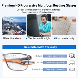 Photochromic Progressive Multifocus Reading Glasses Men Women Extremely Lightweight TR90 Frame Blue Light Blocking Multifocal Computer Readers Spring Hinge No Line Eyeglasses Transition Sunglasses 1.0
