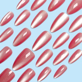 Pink Cat Eye Press on Nails Medium Almond False Nails with Glossy Glitter Design Bling Fake Nails Sparkle Stick on Nails Reusable Full Cover Summer Glue on Nails for Women Girls Manicure 24Pcs