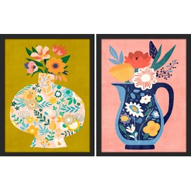 SIGNWIN Framed Sunflower Colorful Flower Vase Wall Art, Set of 2 Floral Botanical Wall Décor Prints, Nature Wilderness Wall Décor for Living Room, Bedroom - 12"x16" Black