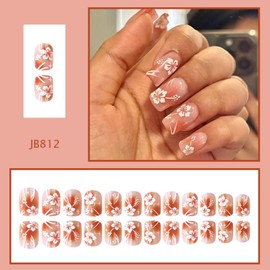 Square Press on Nails Short Fake Nails Red and PinkFalse Nails Sparkly Artificial Nails with Floral Designs Flowers Stick on Nails for Women 24pcs