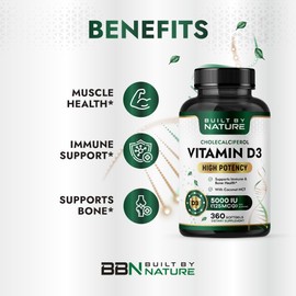 Built by Nature Vitamin D3 5000 IU – Vitamin D Supplement with Coconut MCT Oil - High Absorption Vitamin D, Easy to Swallow Vitamin D3-360 Mini Softgels