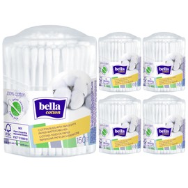 bella cotton Wattestäbchen mit Papierschaft in achteckiger Box (5 x 150 Stück), 100% Bauwolle Köpfe