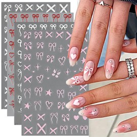 Heart Bows Nail Art Stickers Decals 4 Pcs White Red Pink Bow Tie Nail Design Stickers Bow Star Heart Nail Supplies Valentine's Day Nail Stickers Bowknot Nail Decals for Women Girls Nails Decoration