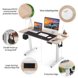 Legooin Electric Standing Adjustable Height Desk 55'' x 24''Sit Stand Desk with Double Hooks and Wheels, 27''-45'' Lifting Range Stand up Desk(Oak)
