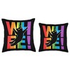 Rainbow Cat Leaping over “WHEE” Rainbow Letters Throw Pillow
