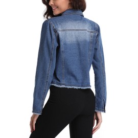 MISS MOLY Cropped Jean Jacket Women Frayed Washed Soft Button Up Short Denim Jacket w 2 Side Pockets
