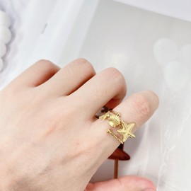 Bohemian Starfish Shell Finger Statement Ring for Women Gold Plated Dainty Seashell Star Wrap Open Adjustable Layered Thin Band Stacking Comfort Fit Stainless Steel Summer Beach Ocean Holiday Jewelry