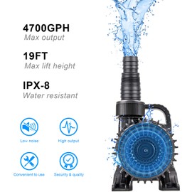 OYO WATER Outdoor Large 4700gph-250W 32.8FT Pond Water-fall & Kio Fish Fountain-s &Garden Pump Submersible IPX8: Long 32.8FT Cord Smart-er & Quieter Duck & Yard& Patio Ponds Pumps, 1 Barrier Pump Bag