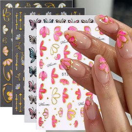 Flower Nail Stickers Decals for Women Girls, 4 Sheets 3D Self-Adhesive Flower Butterfly Slider for Nail Art Design Supplies Spring Summer Manicure Decor