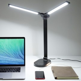 LED Desk Lamps for Home Office, 14W Double Swing Arm Desk Lamp with USB Charging Port, Eye-Caring Architect Task Lamp, Desktop Lamp with Night Light Table Light for Work Study Craft with Adapter