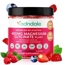 Adndale 90 CT Magnesium Glycinate Gummies 400 mg/Serv with Ashwagandha, Magnesium Malate & Taurate, Sugar Free Chews for Adults & Kids Relaxation, Stress Relief, Night Rest, Muscle & Cardio Support