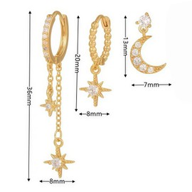 Gold Huggie Hoop Earrings Set with Crystal Moon and Star Charms, Dangle Drop Celestial CZ Dainty Stud Hoop for Three-hole Ear Stacks (Gold-1)