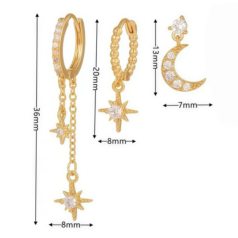 Gold Huggie Hoop Earrings Set with Crystal Moon and Star