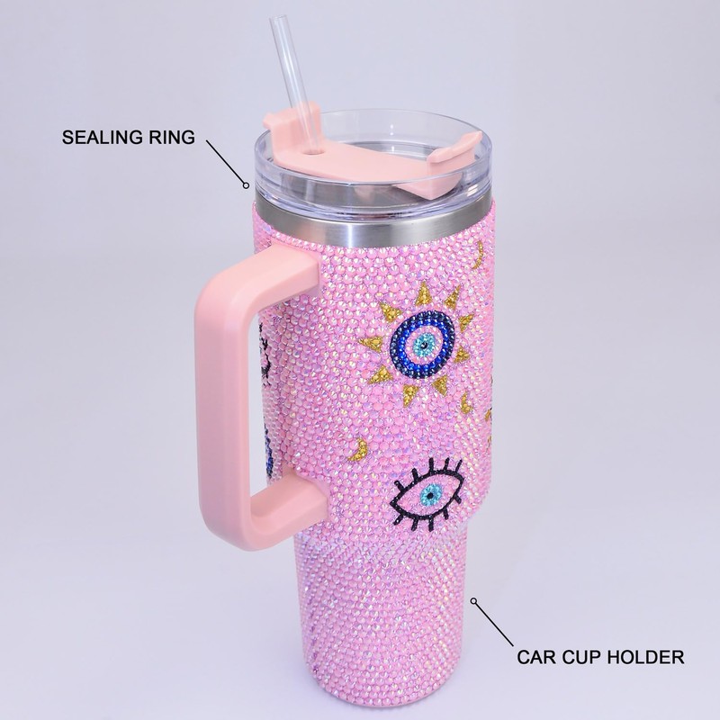 Cupcupmore 40 oz Pink Evil Eye Bling Rhinestone Stainless Steel