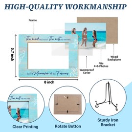 FUQWZ Beach Memories Picture Frame - 'Memories Will Last Forever' Coastal Quote - 8x5.8 Inch Rustic Wood Frame for 4x6 Photos with Iron Stand - Perfect Beach House & Vacation Gift. (029)