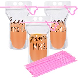 16 Pieces Bachelorette Drink Pouch Cup with Straw Disposable Smoothie Juice Pouches Future Mrs Cups for Weddings and Bridal Showers