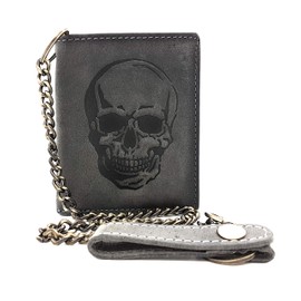Lemasi Biker Wallet with Chain Natural Hunter Leather Wallet with RFID Protection Skull, Grey with skull, Contemporary
