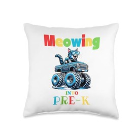 Meowing Into Pre-K Funny Cat Monster Truck Back To School Throw Pillow