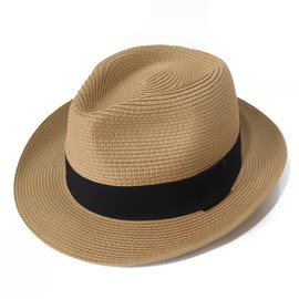 Wildarms Fedora Straw Sun Hat for Men Women Foldable Roll Up Short Brim Trilby Hat Panama Beach Hat Kahaki 59CM