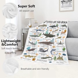Sharks Gifts for Women - Types of Sharks Print Blanket for Adult Men Shark Lovers - Super Fuzzy Cozy Throw Flannel Full Size Sheet Decor for Bedroom University Dormitory Travel Outdoors - 60" X 80"