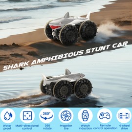 SIMREX Shark Amphibious Remote Control Car - Gift for Kids Boys Girls, 4WD Waterproof RC Car, 360° Stunt, Dual Remote Control, 50m Long Range, 2 Rechargeable Batteries