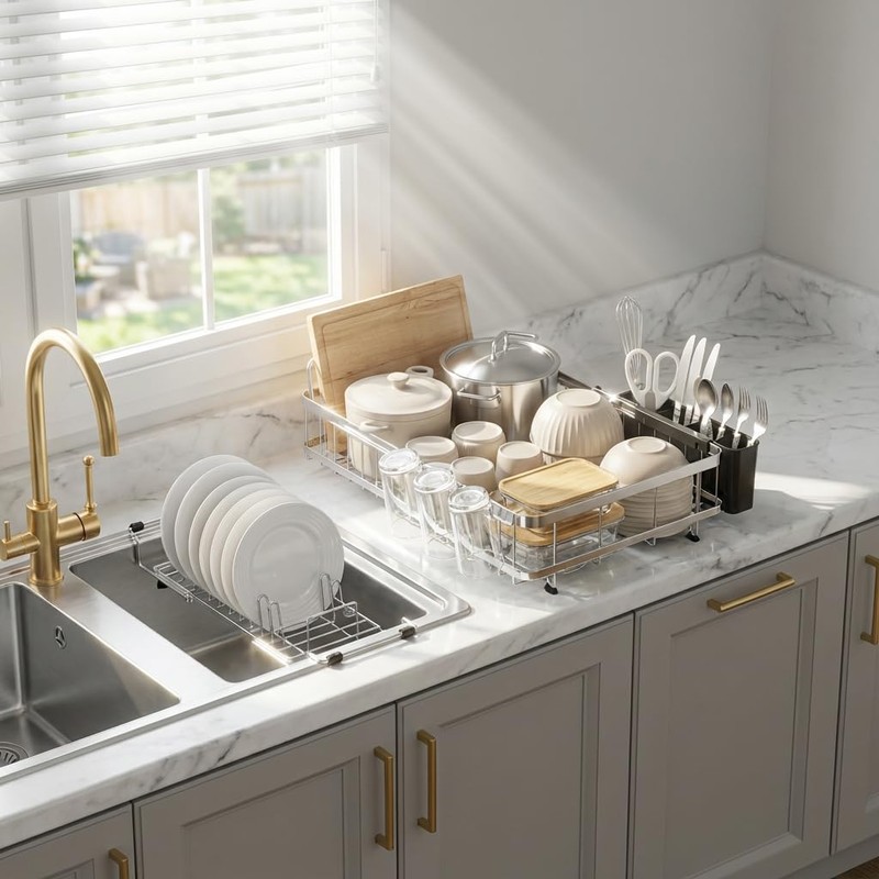 GSlife Large Capacity Expandable Dish Drying Rack with Absorbent Mat,