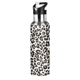 JUMBEAR Brown Leopard Print Water Bottle Acuum Insulated Stainless Steel Leakproof Wide Mouth with Straw Lid for Fitness Gym and Outdoor Sports 22OZ