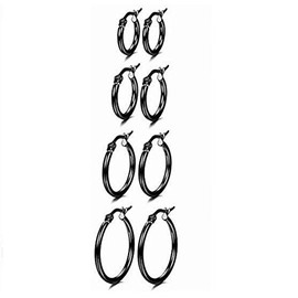 CVAYU 4 Pairs Stainless Steel Round Hoop Cute Huggie Earrings For Women Girls Small Hoop Earring Set(10mm,15mm,20mm,25mm) (Black Tone-4Pairs)