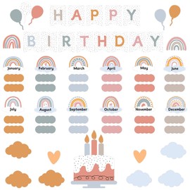 Nezyo 80 Pcs Boho Dot Happy Birthday Bulletin Board Set, Morandi Pastel Rainbow Birthday Chart for Classroom, Boho Calendar Wall Cutouts for School Bulletin Board Decoration(Morandi Colors)