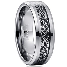 VAKKI Mens Celtic Dragon Tungsten Carbide Ring 8mm Black Carbon Fiber Inlay Wedding Engagement Band Size S 1/2
