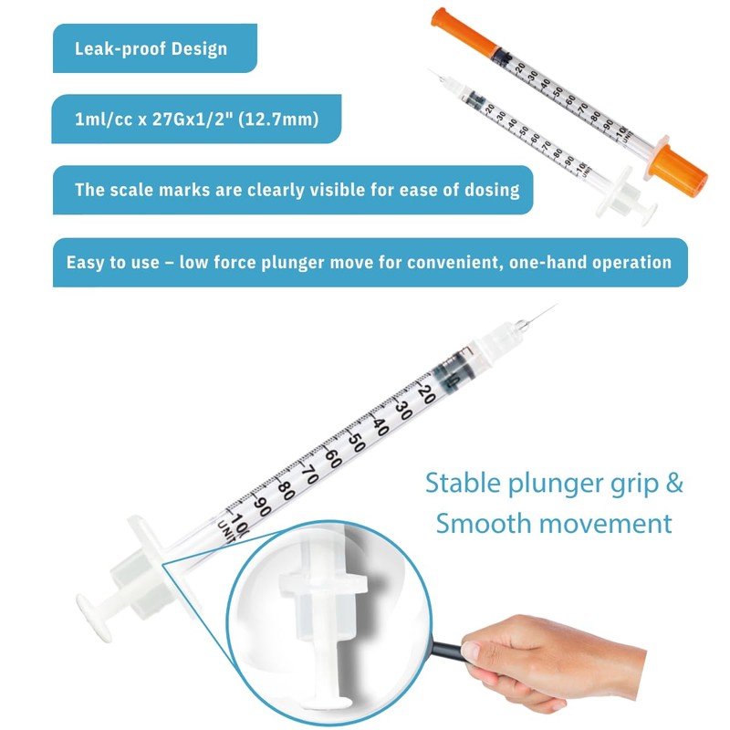 GLUCO-CARE 1 ml/cc Syringes 27G x 1/2’’ (12.7mm), Orange Cap,