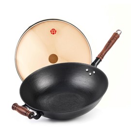 WANGYUANJI Cast Iron Wok,12.59'' Flat Bottom Wok with Glass Lid,Suitable for All Cooktops, Uncoated Craft Wok Healthy Cooking Wok