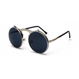 qinqilanqi-S Retro Metal Steampunk Flip-Up Sunglasses for Men and Women, Round Frame Sunglasses for Fashion, silver/grey