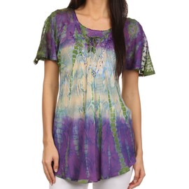 Sakkas 14783 - Dina Relaxed Fit Sequin Tie Dye Embroidery Cap Sleeves Blouse/Top - Purple/Beige - OS