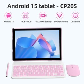 HOTTABLET 10" Android 15 Tablet, 10(4+6Expand) GB RAM+64GB ROM, 2+8MP Dual Camera, 6000mAh Battery (Tablet+case+Stylus+beyboard+Mouse), Pink