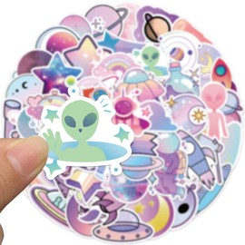 Cute Space Stickers, Purple Pink Planet Stickers, 50PCS Hapiuen Vinyl Waterproof Astronaut Funny Stickers for Water Bottle Laptop, Party Supplies
