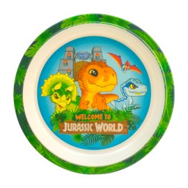 Vajilla individual infantil Jurassic World, juego de 5 piezas, plato trinche, tazón, vaso, tenedor y cuchara.