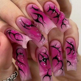 SINHOT Press on Nails Long Square Fake Nails Glossy Glue on Nails 3D Pink Chrome Acrylic Nails Stiletto Artificial Nails Black Graffiti Stick on False Nails with Design 24 pcs