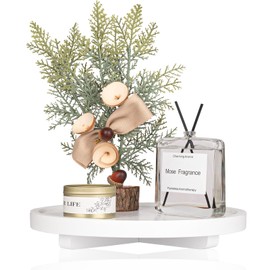 Round Decorative Tray Wood Bathroom Counter Organizer Farmhouse Kitchen Decor Wooden Riser for Soap Dish, Perfume, Candle, Sponge, 10" - White