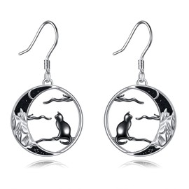 CRMAD Black Cat Earrings for Women Sterling Silver Crescent Moon/Moonstone/Crystal Jewelry (mountain)