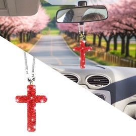 Bling Car Rear View Mirror Accessories Hanging Pendant,Cross Crystal Rhinestone for Mirror Hanging,Double-Sided Cross Diamond Religious,Interior Men Women Car Accessories (Red)