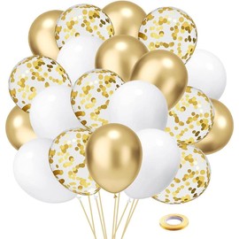 White and Gold Confetti Latex Balloons, 50 Pack 12 inch gold and white Party Balloons with Ribbons for Birthday Graduation Wedding Bridal Shower Party Decoration - Color: Blue Gold Balloons