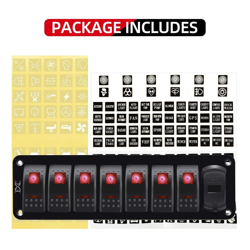 FXC 12V 24V DC 7 Gang Rocker Switch Aluminum Panel