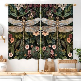 Famiffty Vintage Flower Dragonfly Kitchen Curtain 27.5W X 39L Inch 2 Panel Rod Pocket Dark Green Botanical Boho Nature Flower Moody Small Short Cafe Tier Window Drape Bathroom Curtains Decor