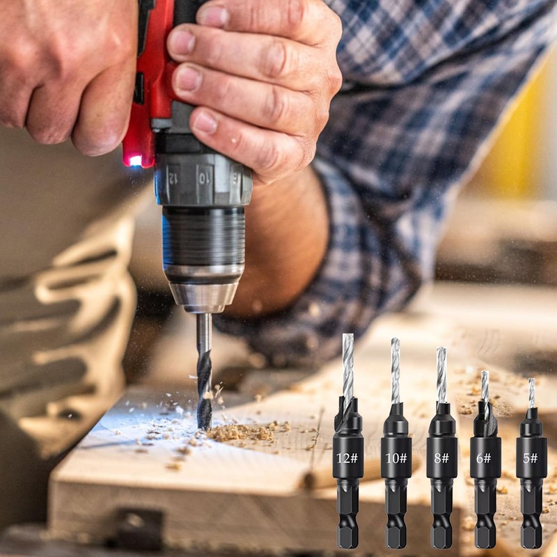 Countersink Drill Bit Set 5pcs, HSS Wood Drill Bits with