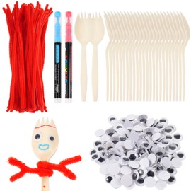 100 Sets Fork Craft Kit Disposable Creativity Sporks Fork Creativity Set Include Sporks Red Pipe Cleaners Self Adhesive Wiggle Googly Eyes and Marker Pens,Make Your Own Craft Kit