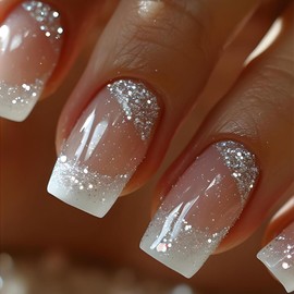 French Tip Press on Nails Medium Length Fake Nails Square Square False Nails with White Tip Glitter Designs Full Cover Glitter Glue on Nails Nude Pink Stick on Nails Acrylic Nails Artificial Nails